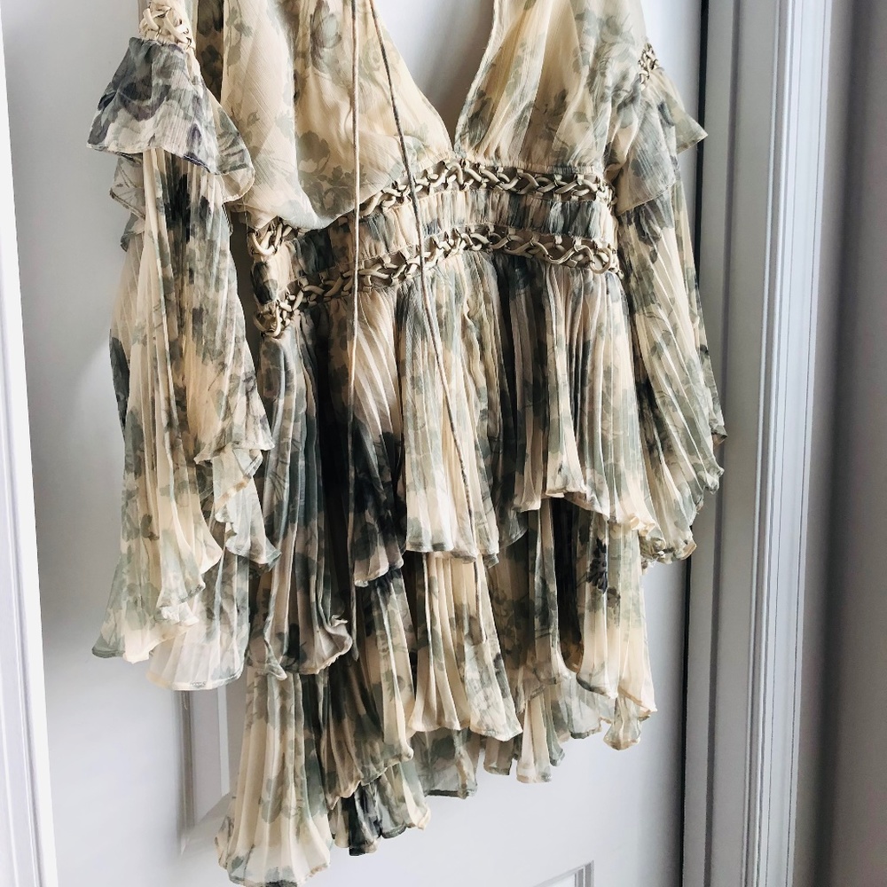 Asos Pleated floral mini dress with satin ring lace up detail